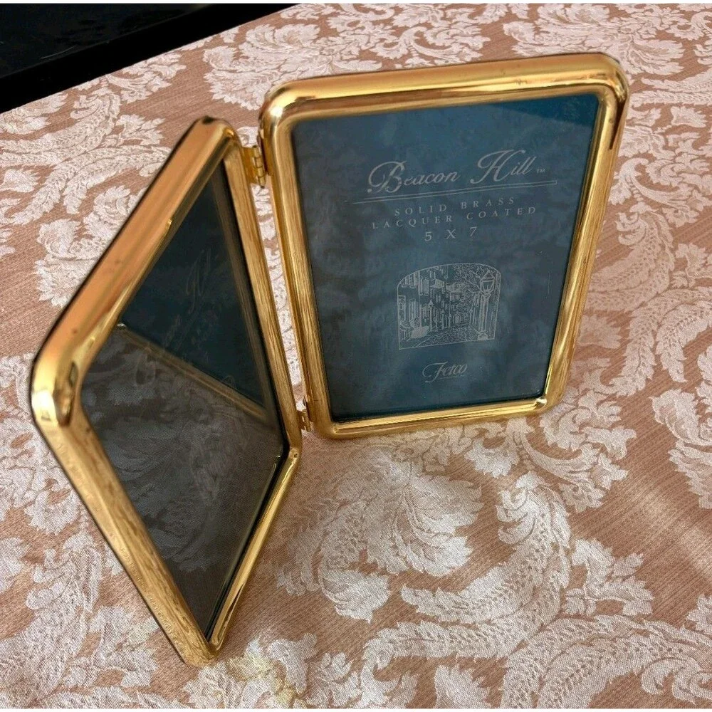 Vintage Solid Brass Gold-Tone Hinged Double Picture Frame 5 X7 MCM